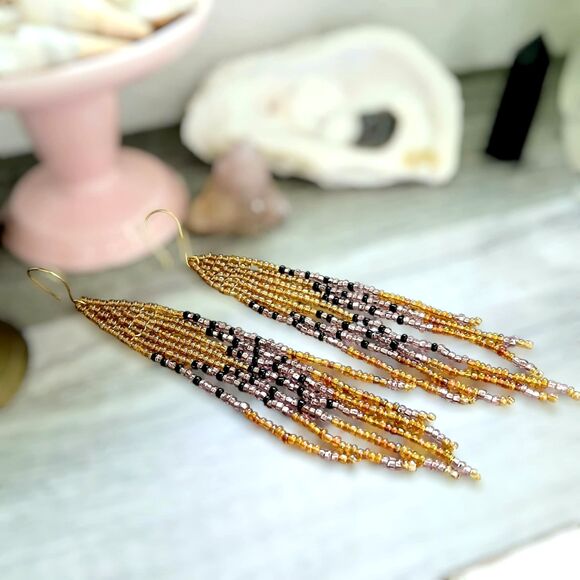 Long Beaded Fringe Dangle Earrings, Seed Bead Statement Boho Chic Jewelry 5.5" - Picture 3 of 10